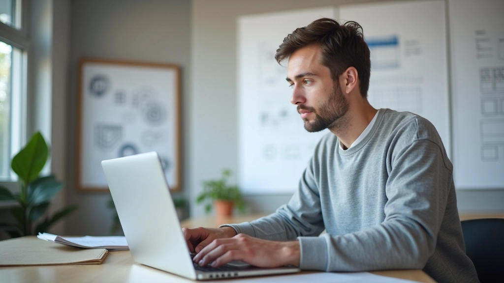Designer showing grid overlay on laptop screen with aligned content blocks
