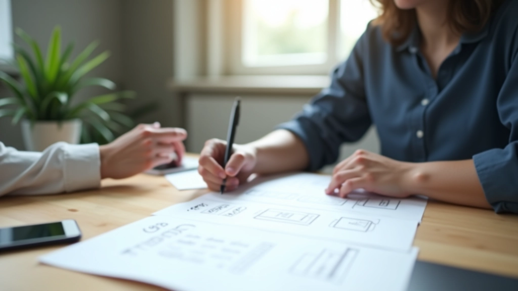 Designer sketching mobile wireframes on paper with mobile device mockups spread across desk