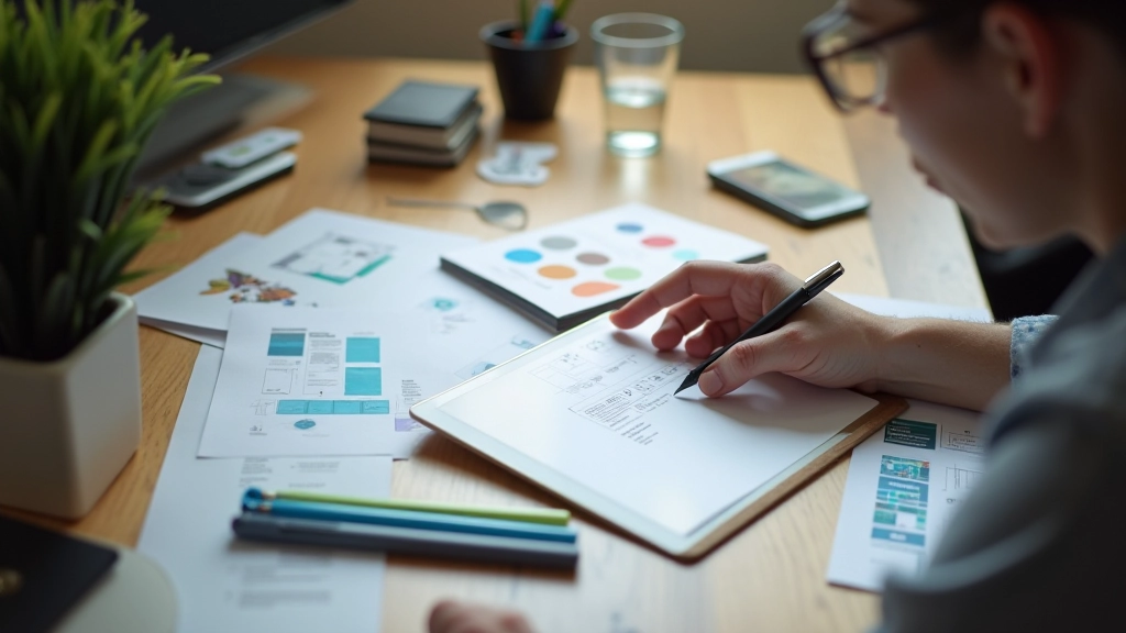 Designer sketching responsive layout wireframes on a tablet with pencil and paper nearby