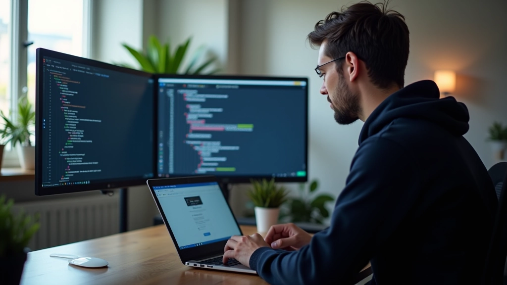 Web designer testing responsive layout using Chrome DevTools on laptop