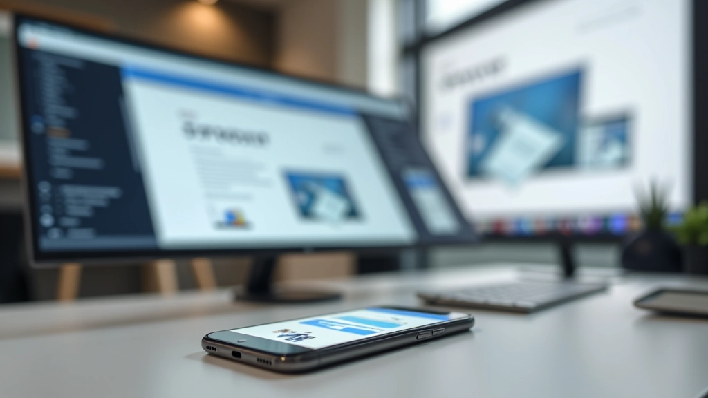 Mobile phone showing responsive website design with multiple viewport sizes displayed side by side