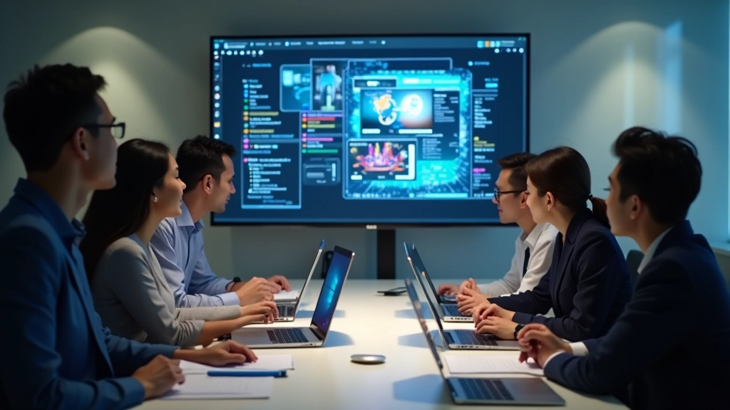 Designer collaborating with client on responsive website mockups displayed across multiple screens