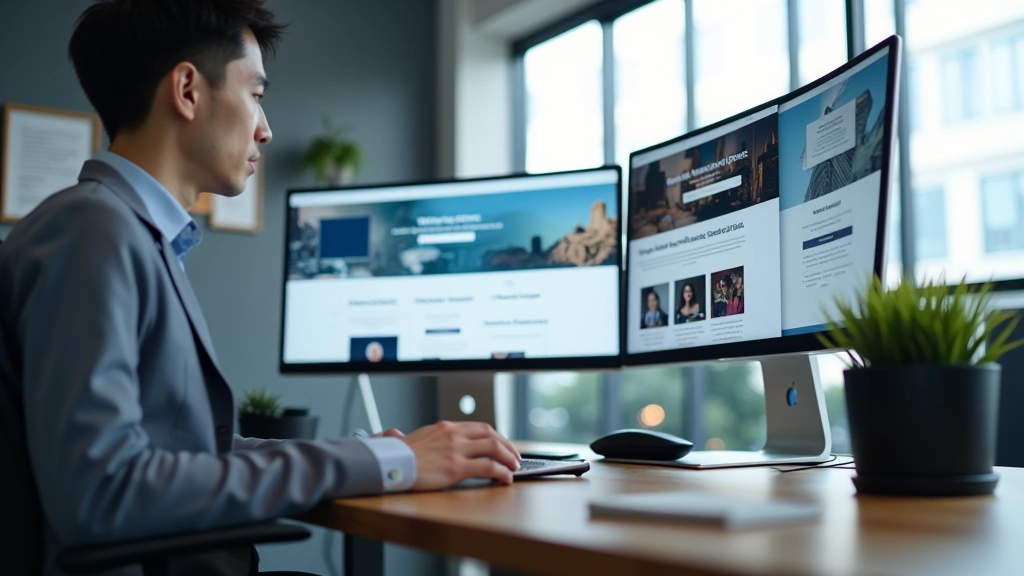 Modern web design workspace with multiple screens showing responsive layouts